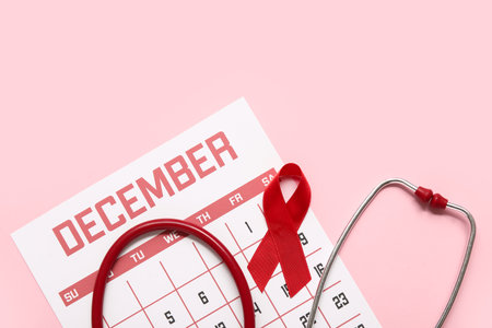 Red ribbon with stethoscope and calendar for December on pink background. AIDS Day conceptの写真素材