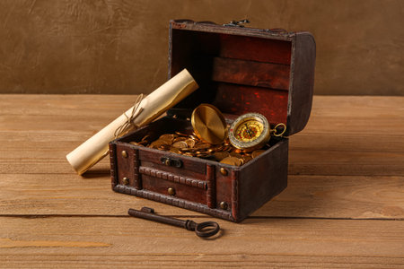 Old chest with coins, compass and map on wooden table near brown wall