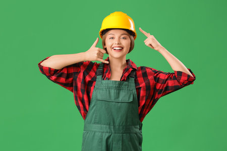 Female worker showing "call me" gesture and pointing at hardhat on green backgroundの写真素材