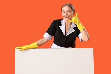 Female chambermaid with blank poster showing "call me" gesture on orange backgroundの写真素材