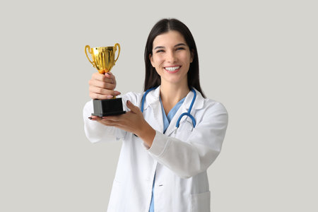Female doctor with gold cup on light backgroundの写真素材