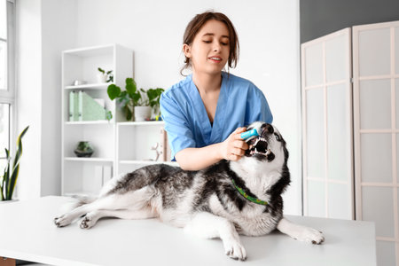 Veterinarian brushing Siberian Husky dog's teeth during dental hygiene procedure in clinicの写真素材