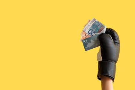 Female hand in boxing glove with money on yellow backgroundの写真素材