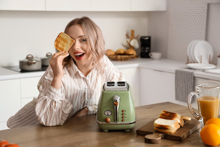 Young beautiful happy woman with tasty toasts in kitchenの写真素材
