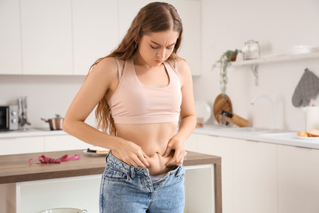 Young woman in tight jeans at home. Weight gain conceptの写真素材