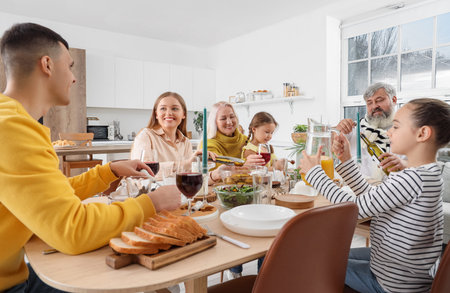 Big family having dinner in kitchen