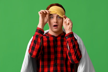 Handsome young shocked man with sleeping mask and blanket on green backgroundの写真素材