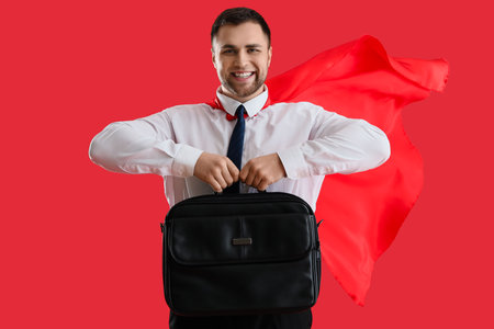 Businessman with superhero cape and briefcase on red backgroundの写真素材