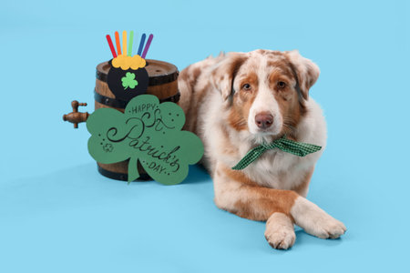 Cute Australian Shepherd dog with card and barrel on blue background. St. Patrick's Day celebration