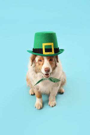 Cute Australian Shepherd dog in leprechaun's hat on blue background. St. Patrick's Day celebrationの写真素材