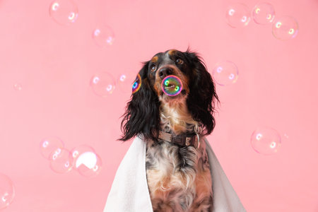 Cute cocker spaniel with towel and soap bubbles on pink background, closeupの写真素材