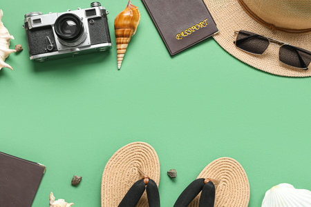 Composition with stylish beach accessories, photo camera and passports on color background....