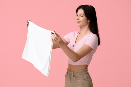 Beautiful young woman with clean towel on pink backgroundの写真素材
