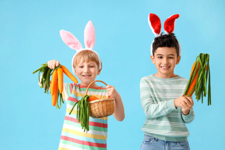 Cute little boys in bunny ears with toys carrots on blue background. Easter celebration