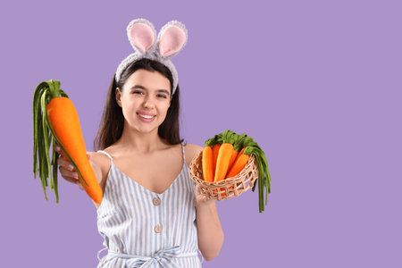 Beautiful young woman in bunny ears with toys carrots on lilac background. Easter celebrationの写真素材