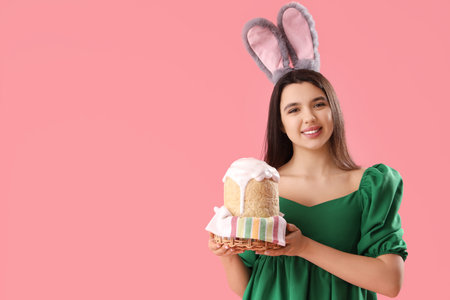 Beautiful young woman in bunny ears with Easter cake on pink background