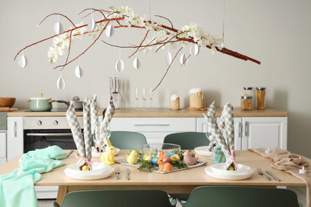 Beautiful table setting for Easter celebration in kitchen