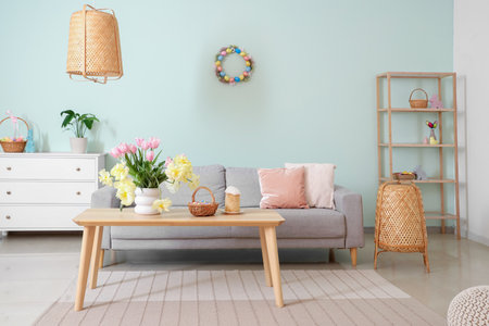 Modern living room with Easter basket and cake on tableの写真素材