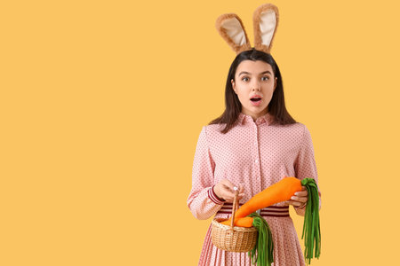 Shocked young woman in bunny ears with toys carrots on yellow background. Easter celebrationの写真素材