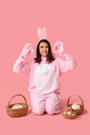 Beautiful young woman in bunny costume and wicker baskets with Easter eggs and cakes on pink backgroundの写真素材