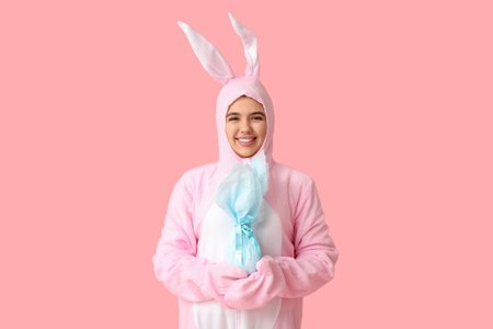 Beautiful young woman in bunny costume with Easter gift egg on pink background
