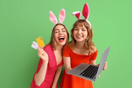 Happy young women in bunny ears headbands holding laptop and credit cards on green background....