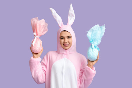 Happy young woman in bunny costume with Easter gift eggs on purple backgroundの写真素材