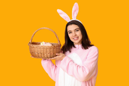 Beautiful young woman in bunny costume holding wicker basket with Easter cake on yellow background