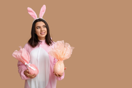 Beautiful young woman in bunny costume with Easter gift eggs on brown background