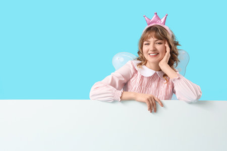 Tooth Fairy with blank poster on blue backgroundの写真素材