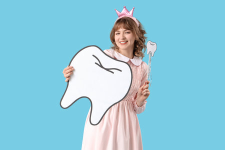 Tooth Fairy with paper figure and wand on blue backgroundの写真素材