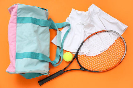Sports bag with sportswear, tennis racket and ball on orange backgroundの写真素材