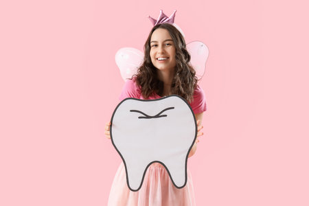 Tooth Fairy with paper figure on pink backgroundの写真素材