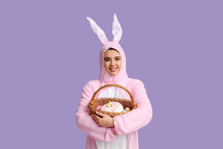 Beautiful young woman in bunny costume holding wicker basket with Easter cake and eggs on purple...