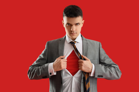 Superhero businessman tearing his shirt on red backgroundの写真素材