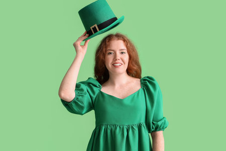 Young redhead woman with Leprechaun's hat on green background. St. Patrick's Day celebrationの写真素材