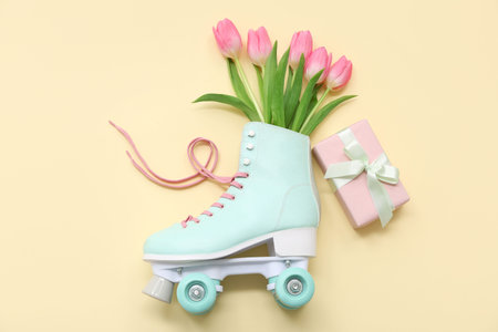 Composition with roller skate, gift box and tulip flowers on color background. International Women's...