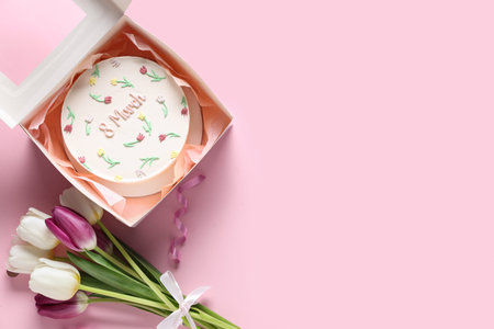 Box with sweet bento cake and bouquet of beautiful tulips on pink background. International Women's...
