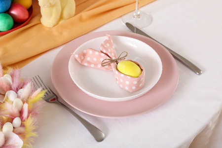 Festive table serving with painted egg in folded napkin for Easter celebration, closeup