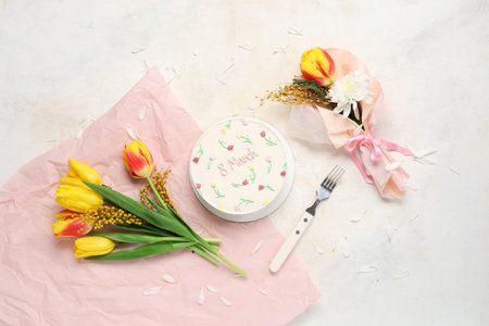 Sweet bento cake and beautiful flowers on white background. International Women's Day