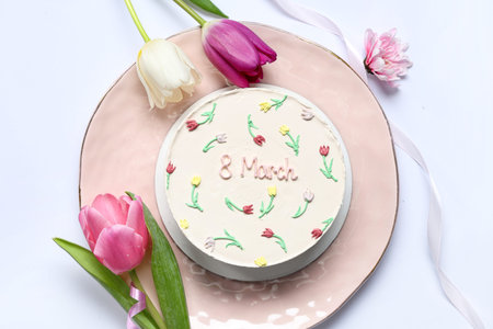 Plate with sweet bento cake and beautiful tulips on white background. International Women's Day