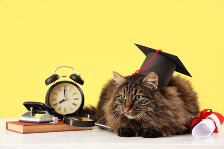 Cute cat with graduation hat, diploma, clock and stationery on table against yellow background. End of school yearの写真素材