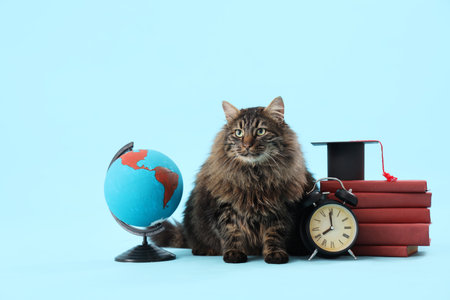 Cute cat with graduation hat, books, clock and globe on blue background. End of school yearの写真素材