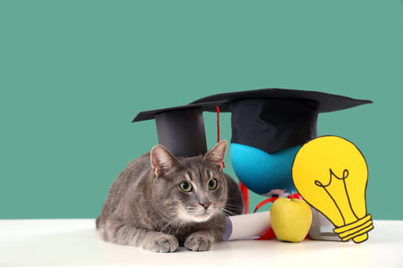 Cute cat with graduation hats, light bulb and apple on table against green background. End of school yearの写真素材