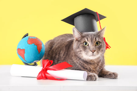 Cute gray cat with graduation hat, diploma and globe on table against yellow background. End of school yearの写真素材