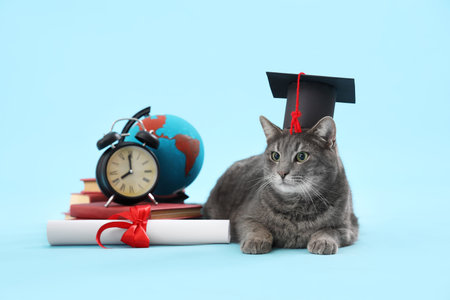 Cute gray cat with graduation hat, clock, globe and diploma on blue background. End of school yearの写真素材