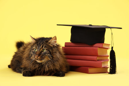 Cute cat with graduation hat and books on yellow background. End of school yearの写真素材