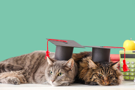 Cute cats with graduation hats on table against green background, closeup. End of school yearの写真素材