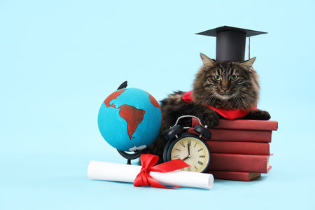 Cute cat with graduation hat, clock, books, globe and diploma on blue background. End of school yearの写真素材