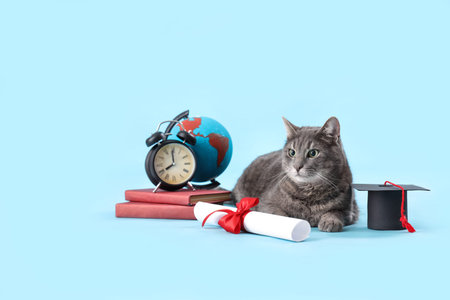 Cute gray cat with graduation hat, clock, globe and diploma on blue background. End of school yearの写真素材